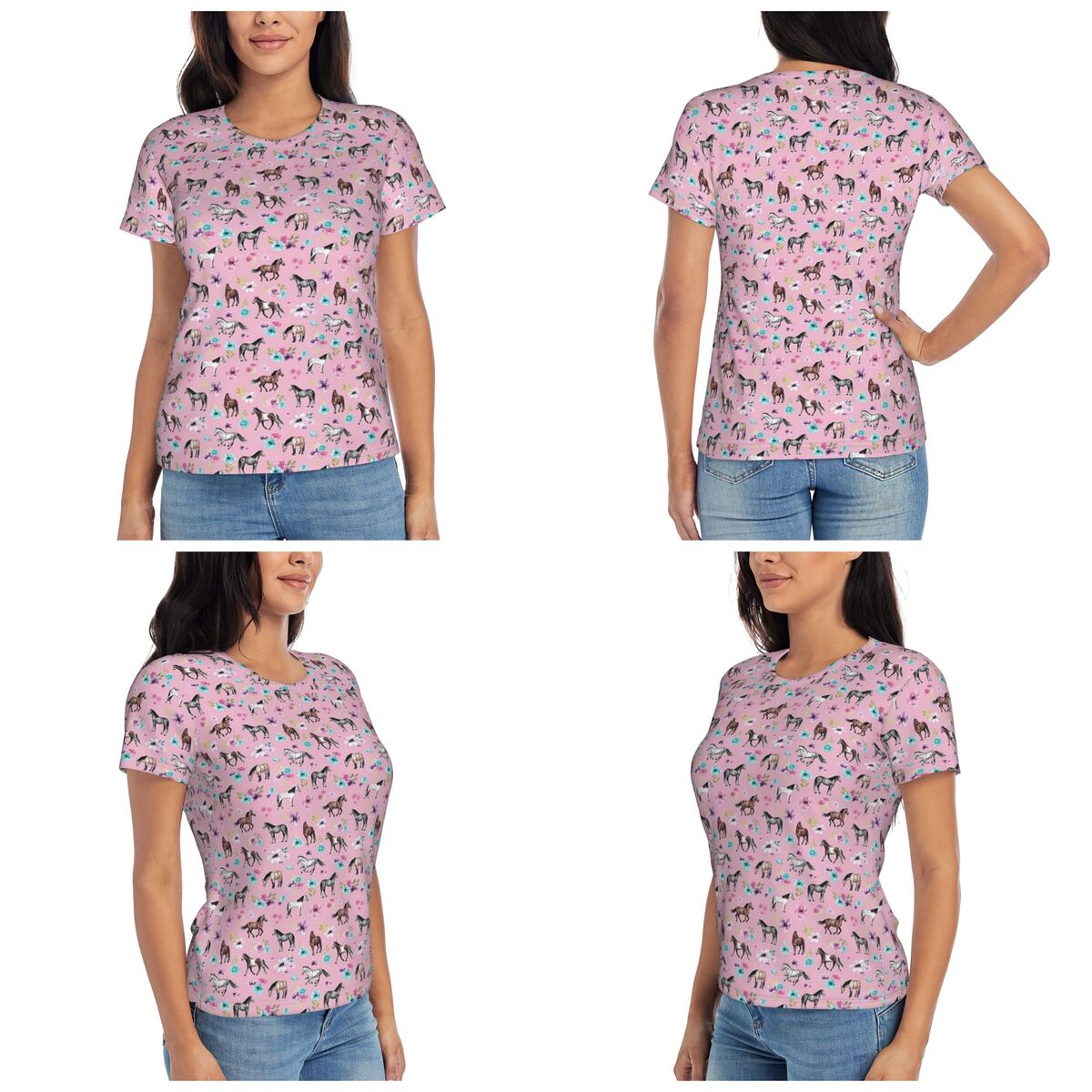 Summer Equestrian Clothing - Pferde und Blumen auf Rosa, Reitsport-Kunst,