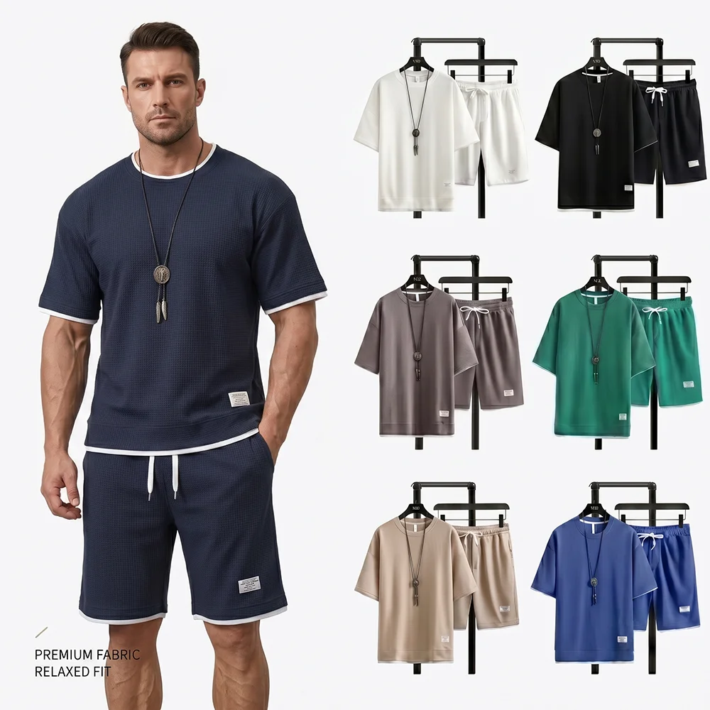 Summer Clothing Haul - Sommer Herren Waffelstrick Trainingsanzug Übergroßes Kurzarm-T-Shirt
