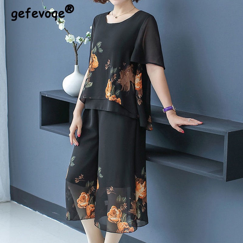 Summer Clothing Vintage - Elegante Mode Blumendruck Spitze Kurze Sets
