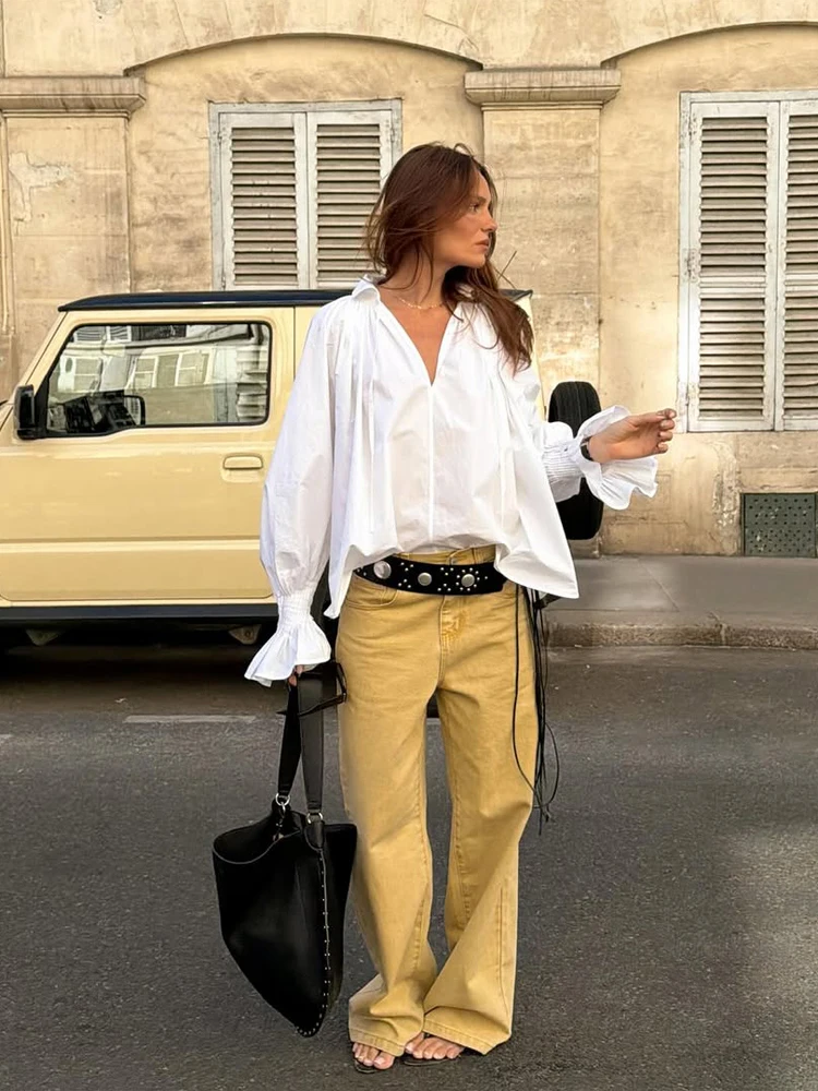 Tie Front Shirt - Damen Weiße V-Ausschnitt Bluse mit Bindedetail