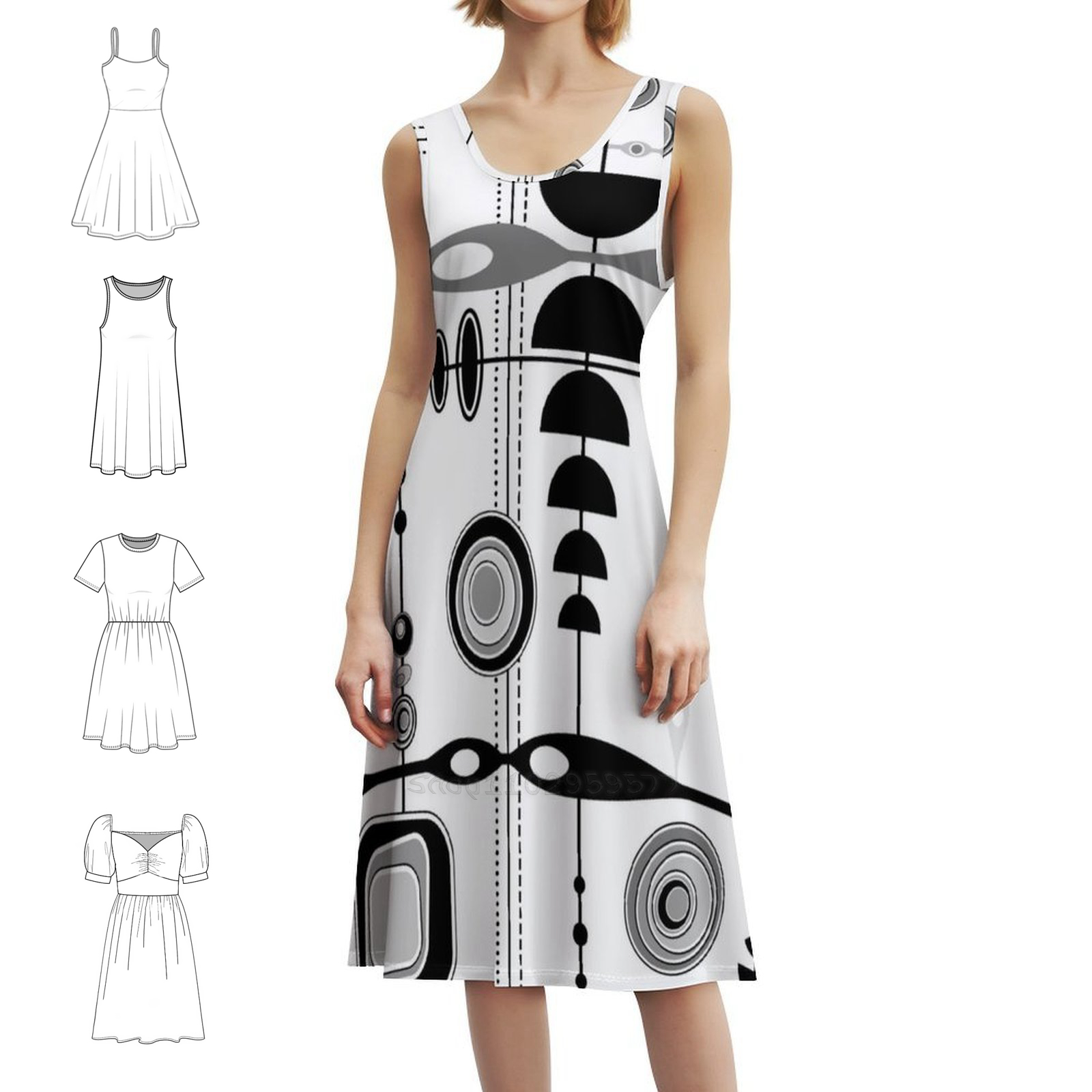 Summer Clothing Vintage - Mid Century Modern Print-Schwarz Weiß Grau