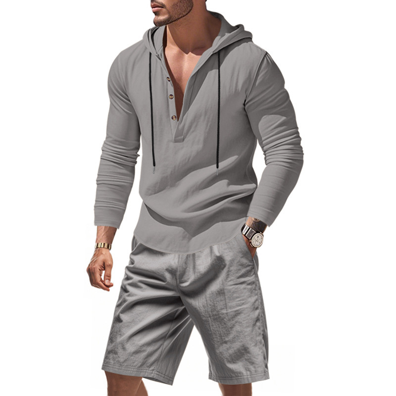 Linen Shorts Men - Herren Leinen 2-Teiliges Outfit Kapuzen-Langarmshirt mit