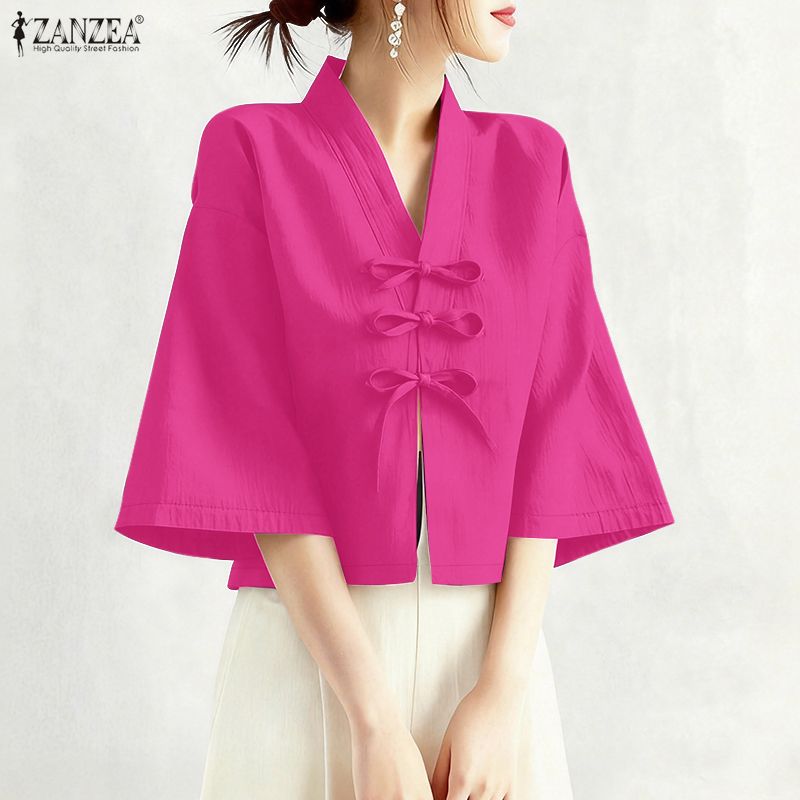 Tie Front Shirt - Damen Vintage V-Ausschnitt Hemden 3/4 Ärmel