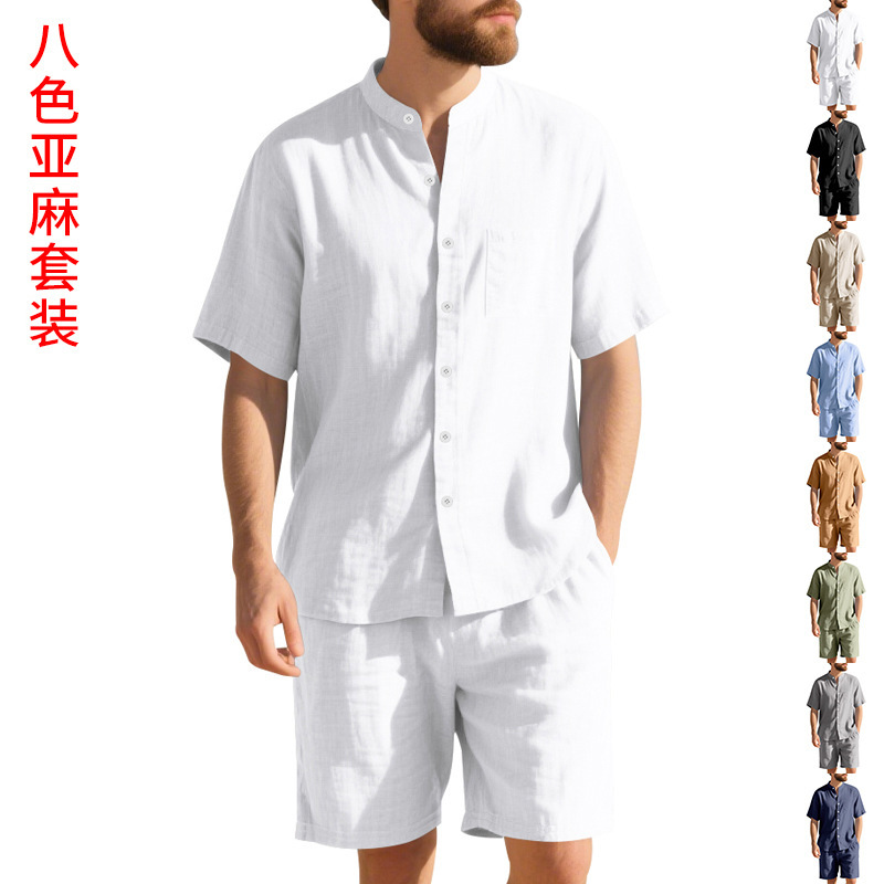 Linen Shorts Men - Sommer Herren Leinenanzug im Loose-Fit-Stil, Strand-Kurzarmhemd