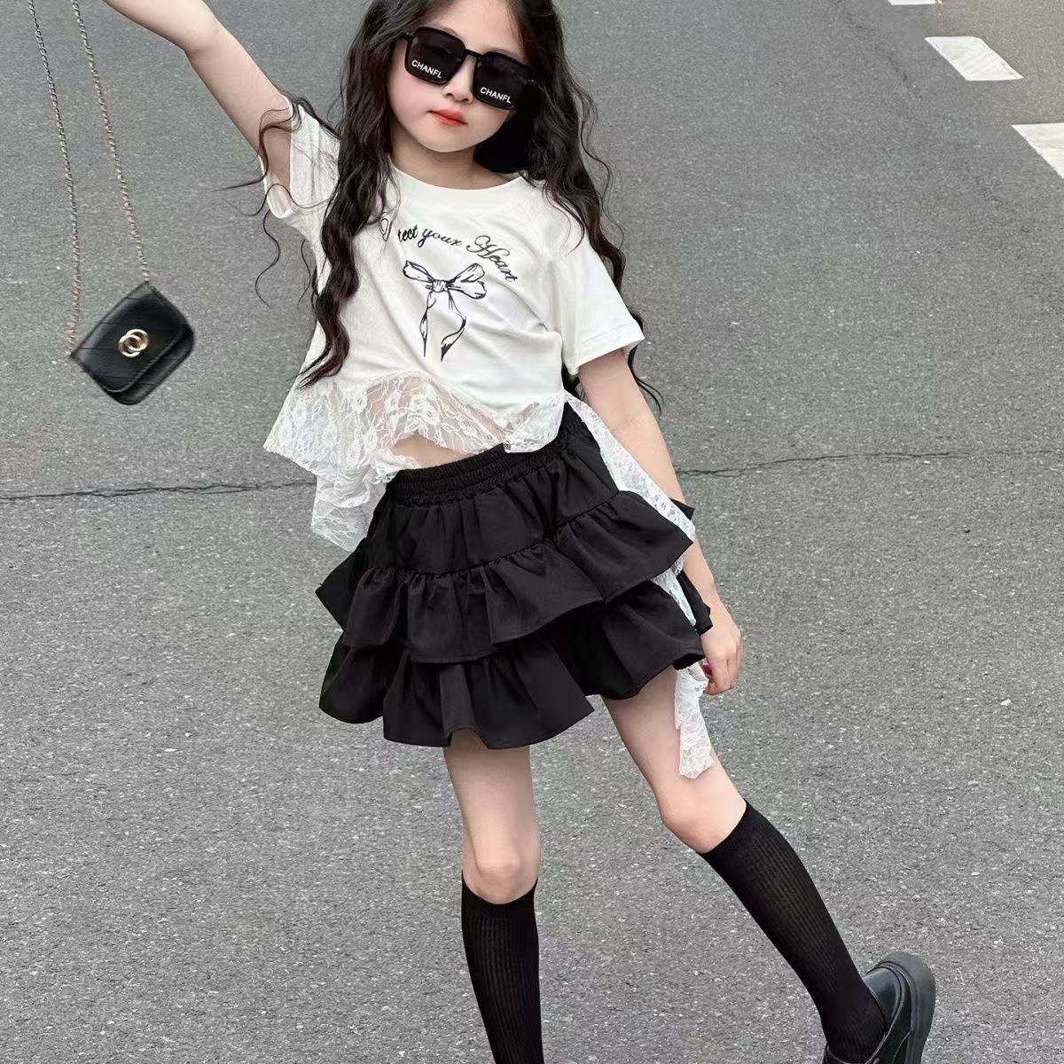 Summer Clothing Teen Girls - Mädchen-Kleidungsset, Sommer, neues Spitzen-Splice-Shirt mit Schleifen-Print