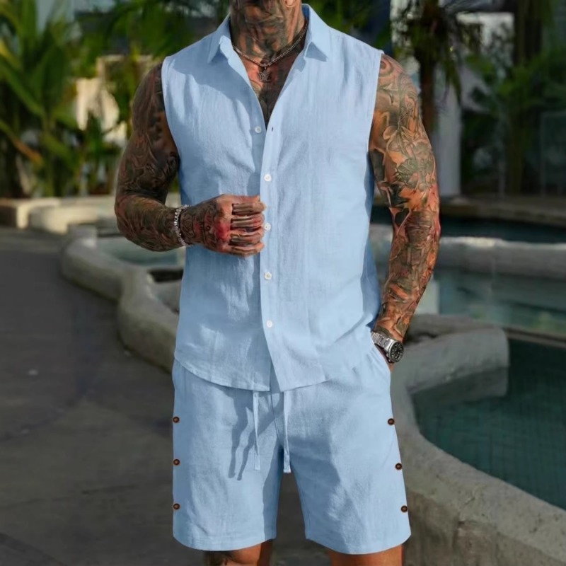 Linen Shorts Men - Herren 2-teiliges Leinen-Set mit Strukturierter Oberfläche,