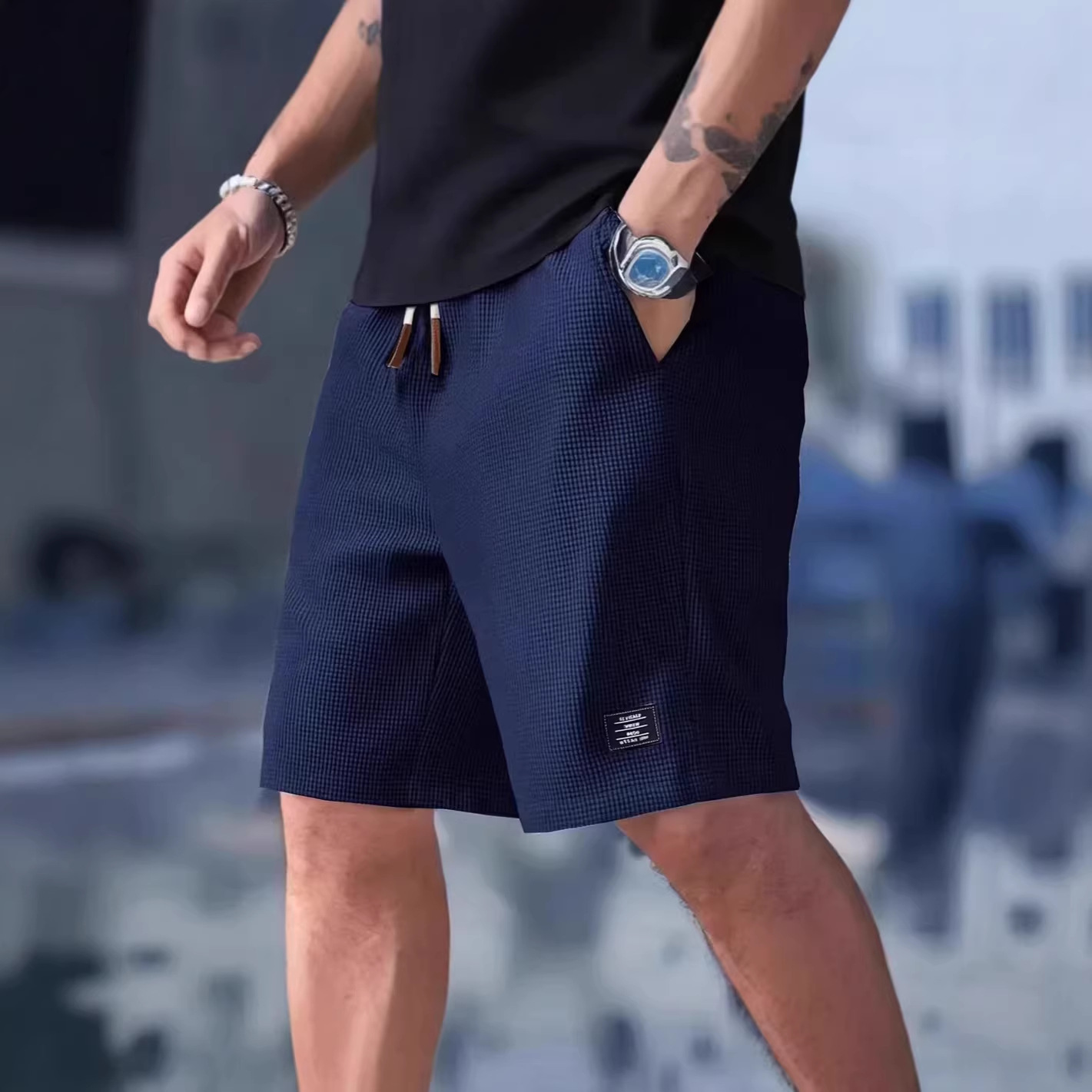Summer Clothing Deals - Herren-Shorts Schwarz Waffelstruktur Übergroße Herrenshorts 3XL