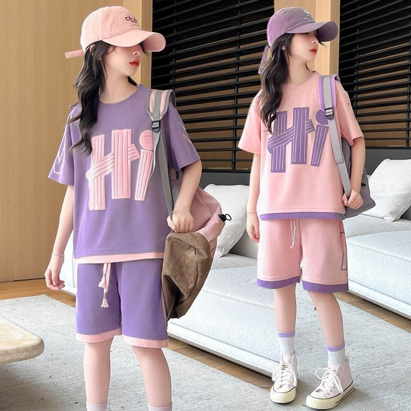 Summer Clothing Teen Girls - Mädchen T-Shirt-Sets Sommer Neue Kinder Kurzarm-Tops+Shorts
