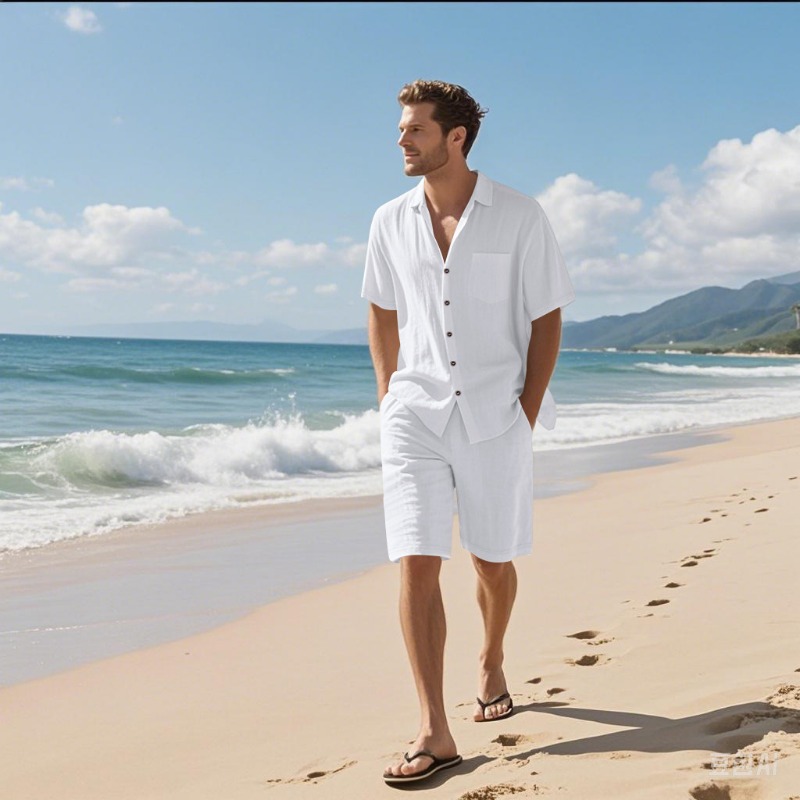 Linen Shorts Men - Herren-Set aus Leinenmischung mit Camp-Kragen-Hemd und