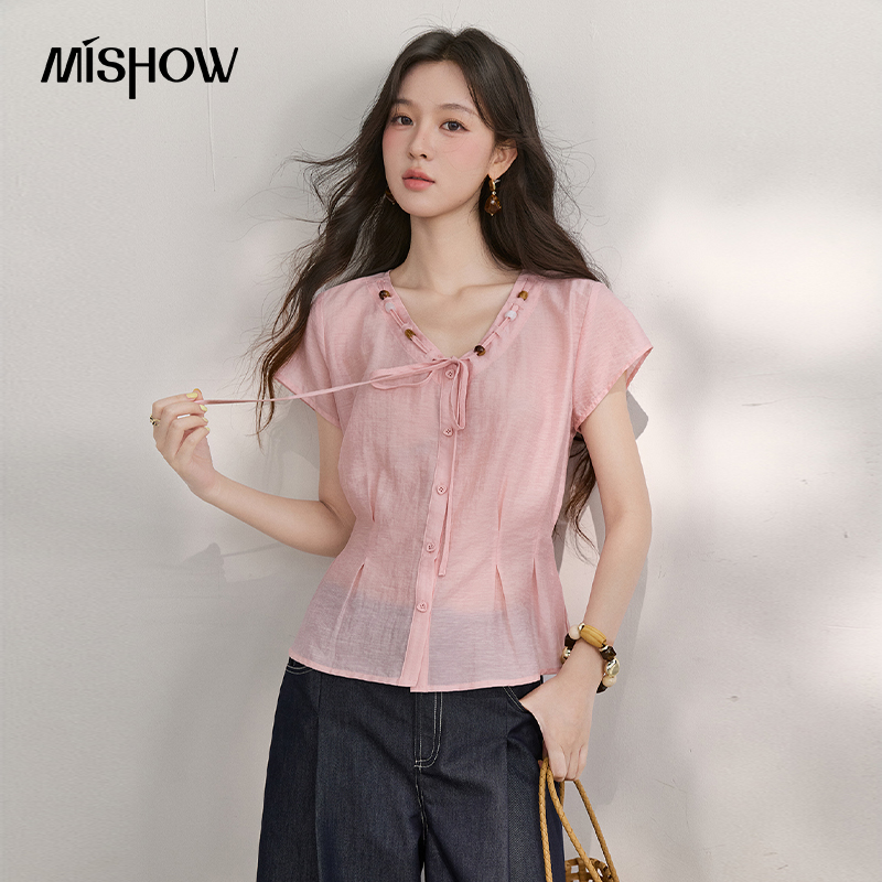 Tie Front Shirt - MISHOW Damen V-Ausschnitt Perlenbesetzte Bluse mit