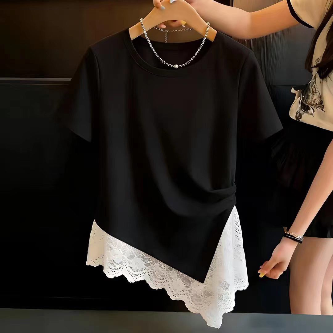 Summer Clothing For Teens - Koreanischer Stil Spitzenbesetztes Kurzarm-Damenoberteil Jugendliches Sommer-Schlankheits-T-Shirt