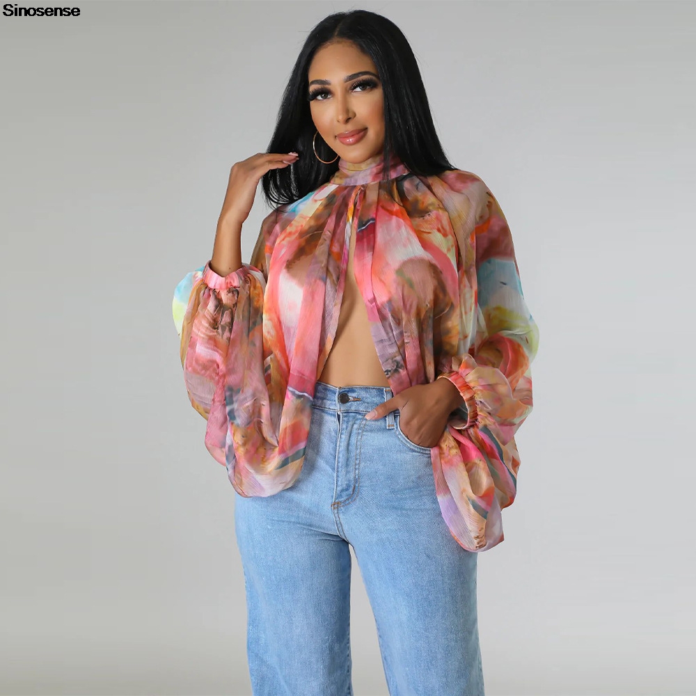 Tie Front Shirt - Frauen Chiffon Blusen Sexy Sheer Durchsichtig