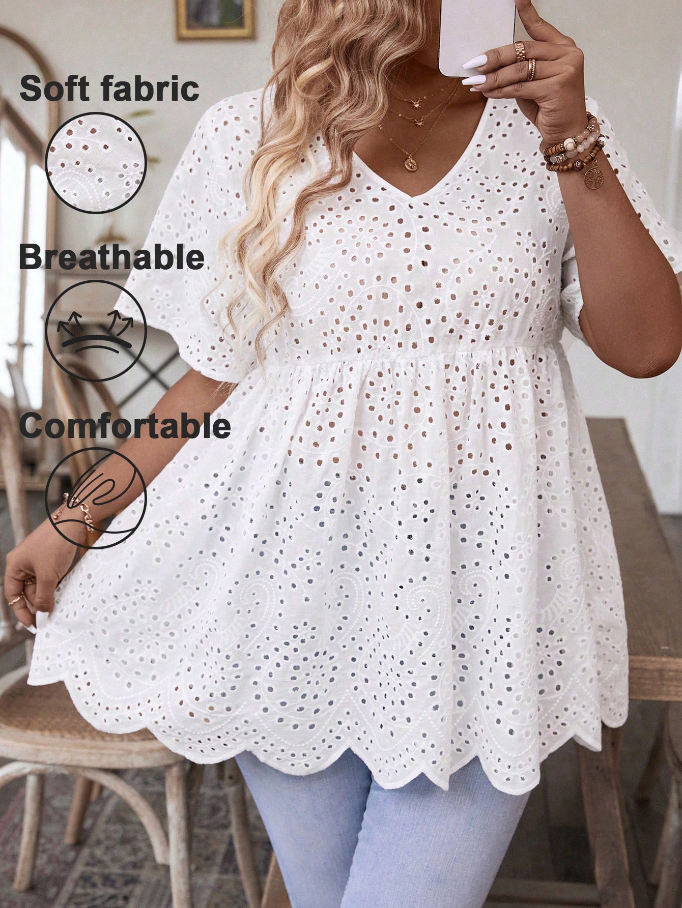 Summer Clothing Wear - Damen-Oberteil in Übergröße mit weißer Lochstickerei