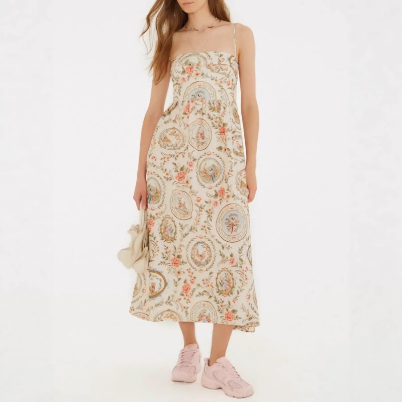Sundress Midi Floral - Damen Vintage Blumenmuster Spaghetti-Träger Midikleid Lässiges