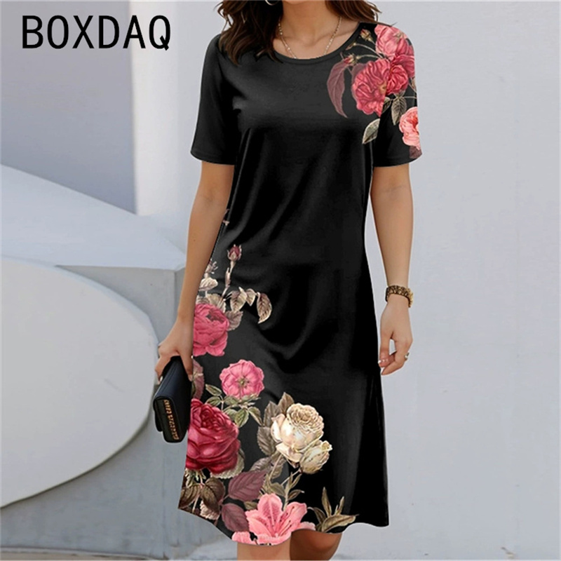 Sundress Midi Floral - Böhmischen Stil Kurzarm Rundhals Floral A-Line