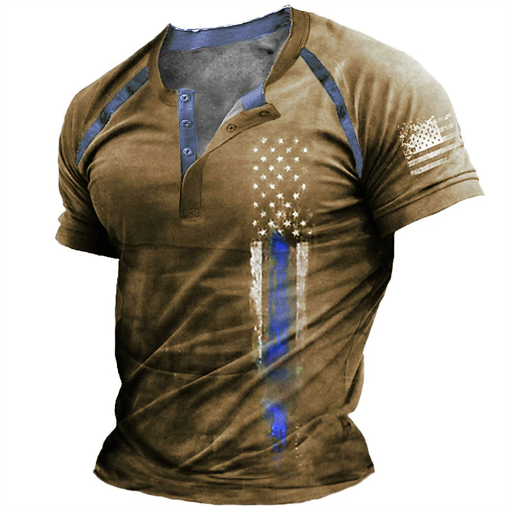 Summer Clothing Types - Lustiges 3D-amerikanische-Flaggen-Print Herren-Henley-Shirt, modisches Henley-Kragen-Kurzarmshirt, Sommer-Streetwear,