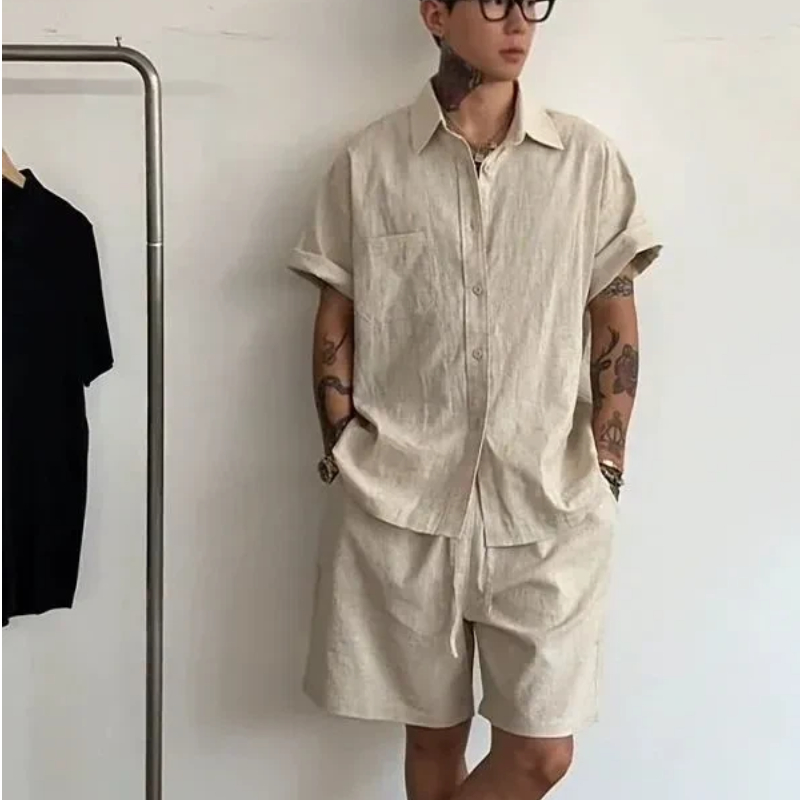 Linen Shorts Men - Herren Leinen-Baumwoll-Set, 2-teilig, lockeres Kurzarmhemd und