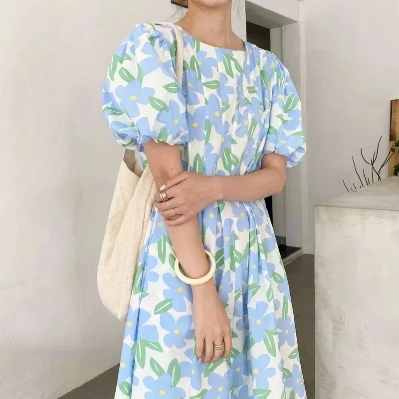 Sundress Midi Floral - Sommer Runde Kragen Hohe Taille Falten