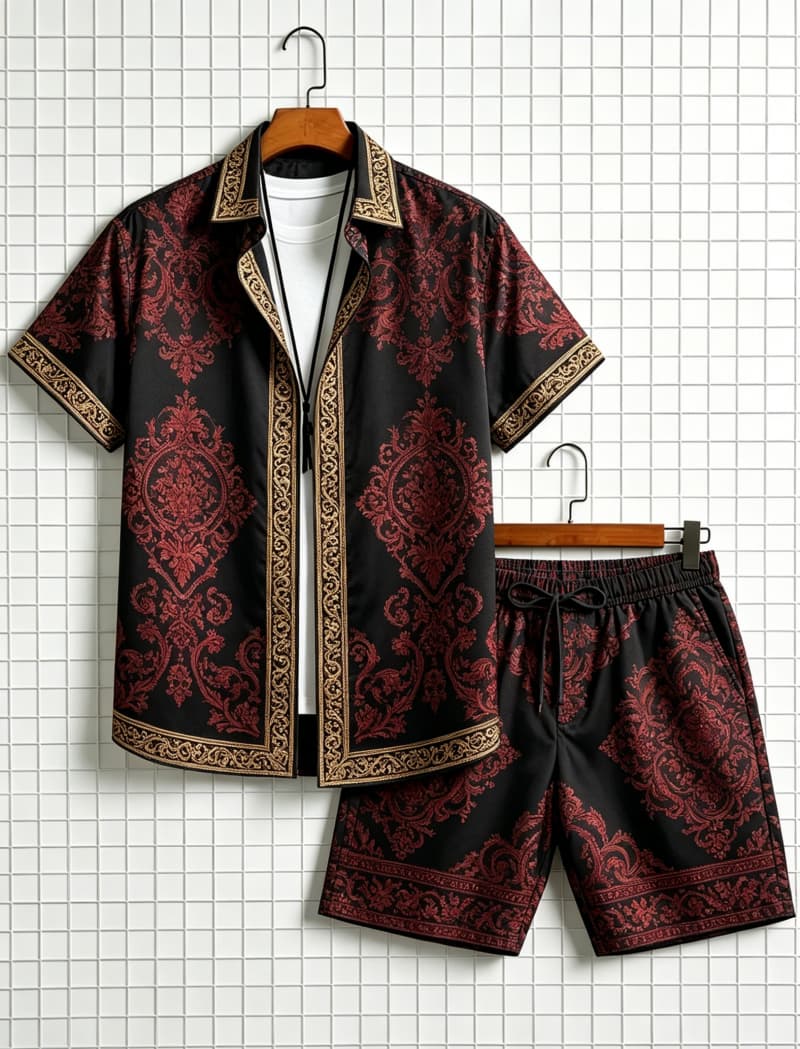 Summer Clothing Types - Herren-Set mit ethnisch bedrucktem Kurzarmhemd und