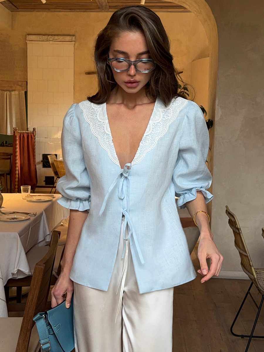 Tie Front Shirt - Llinar Französische V-Ausschnitt-Bluse mit Spitzenbesatz Frühling