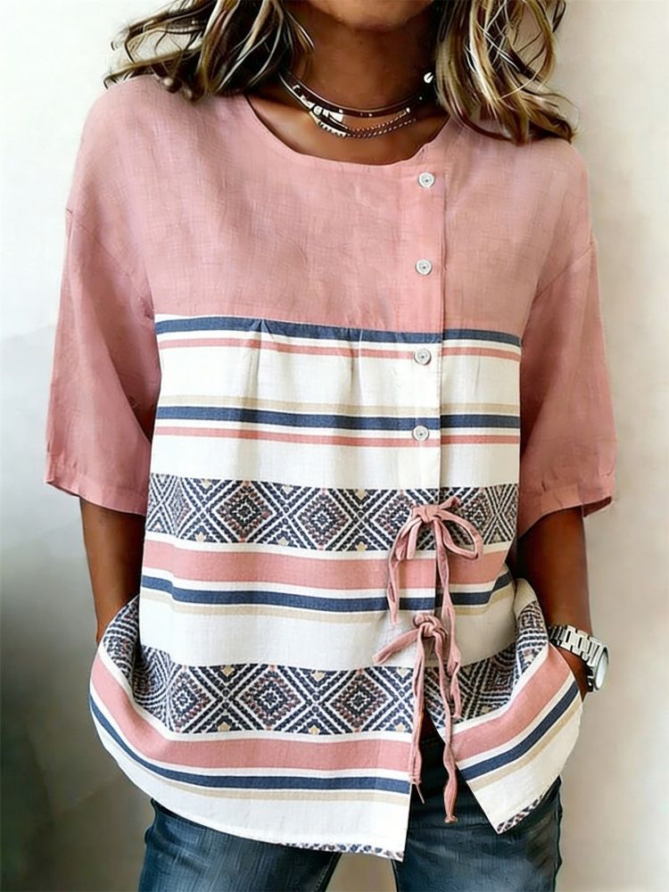 Tie Front Shirt - Damenbluse mit geometrischem Streifendruck, lässiges Oberteil