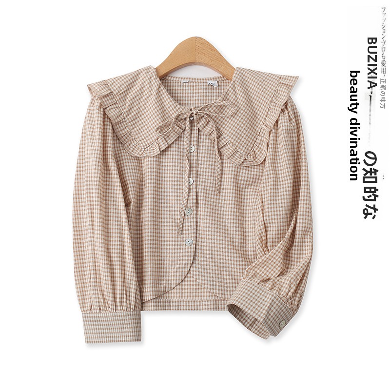 Tie Front Shirt - Niedliche Kragenbluse Kariert Sieben-Einschärmiger Ärmel Knopfleiste