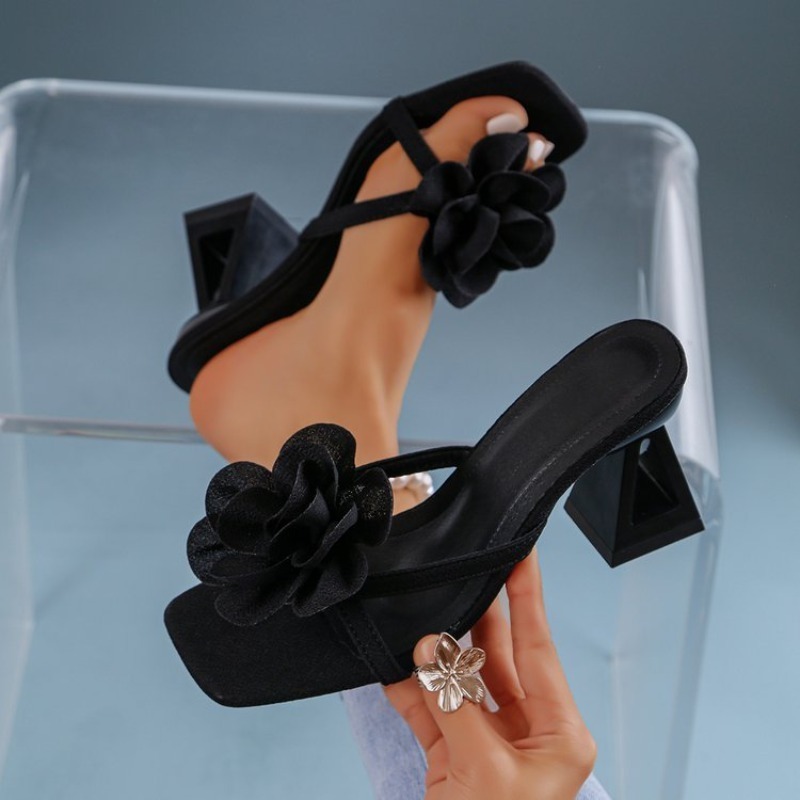Summer Clothing Petite - Damen-Sandalen mit 3D-Blumendekor, dreieckiger Ausschnitt, High-Heel-Sandalen,