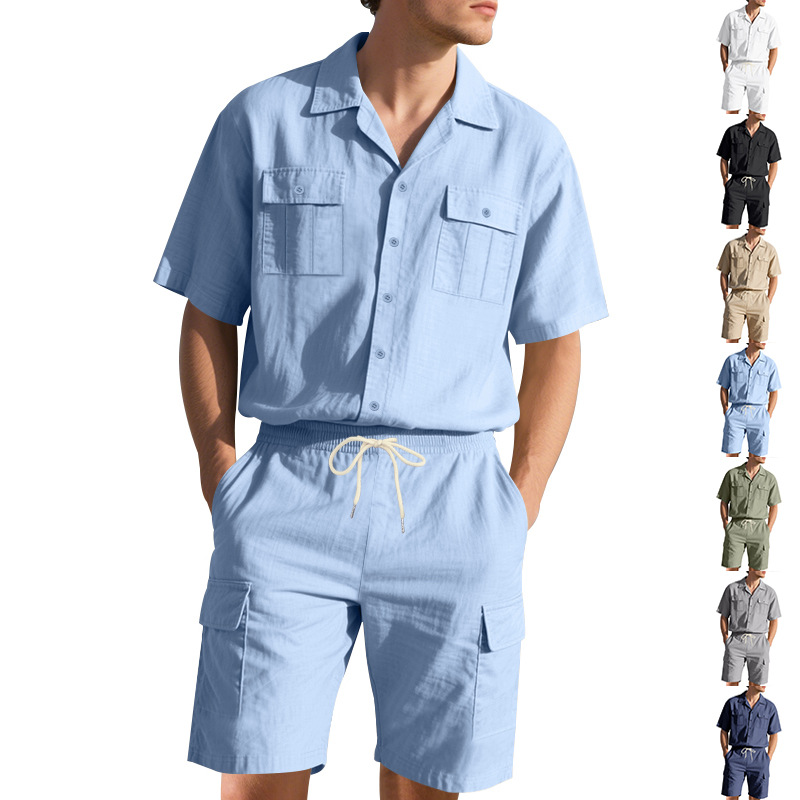 Linen Shorts Men - Herren Sommer Leinen Einfarbiges Hemd mit