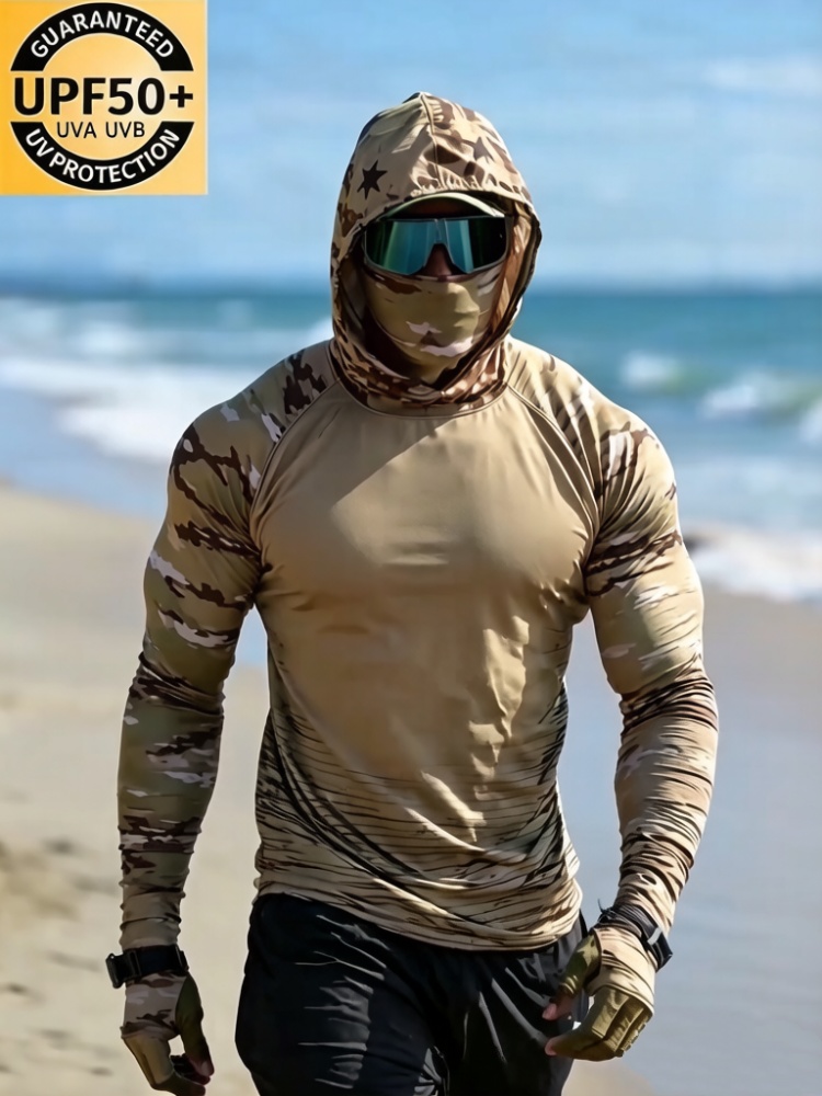 Summer Clothing Long Sleeve - Herren Taktische Tarnmuster-Sonnenschutzkleidung Vollgesichtsmaske mit Daumenloch