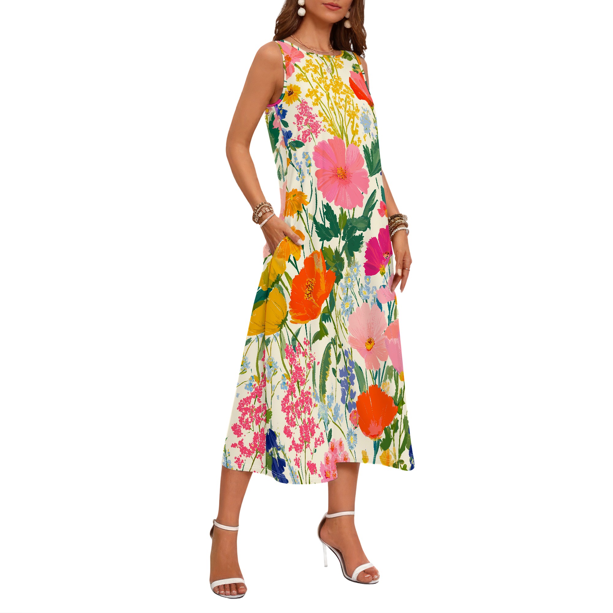Blumenmuster Ärmelloses Kleid, – Sundress Midi Floral Bewertung und Preis