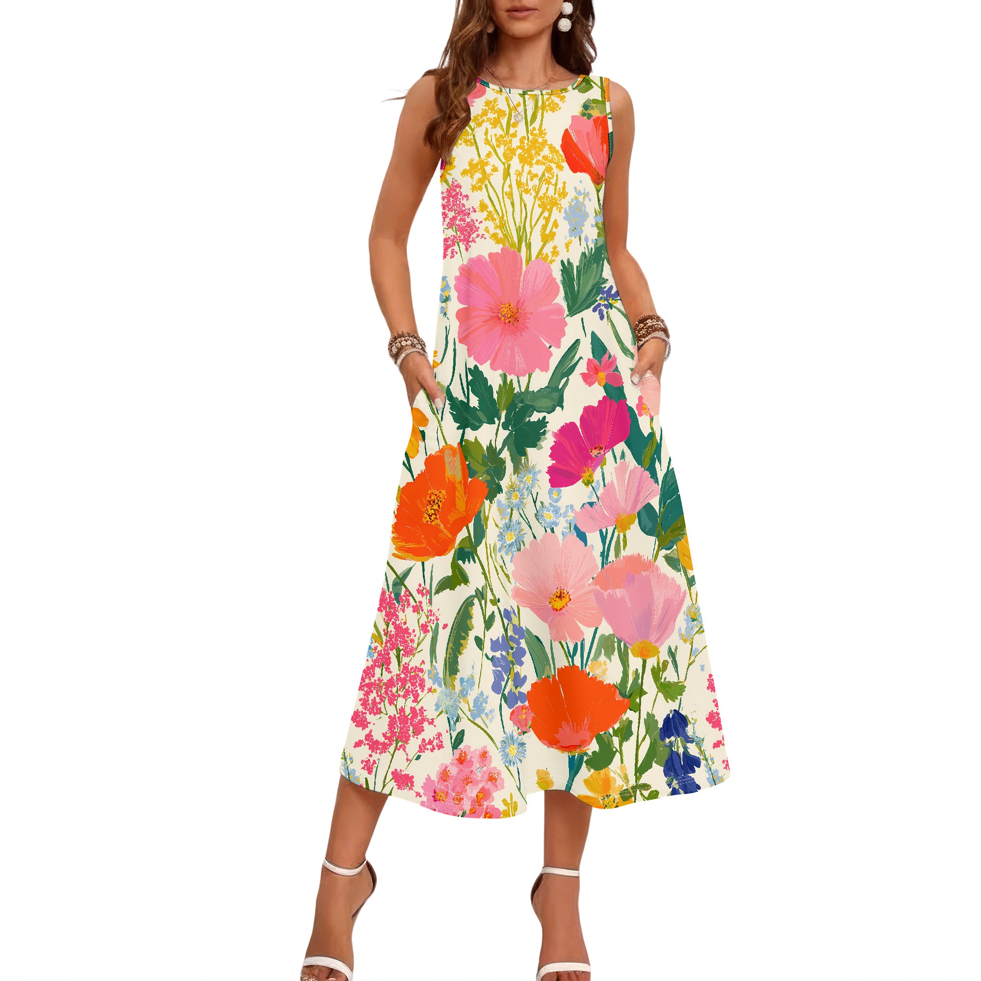 Blumenmuster Ärmelloses Kleid, – Sundress Midi Floral Bewertung und Preis