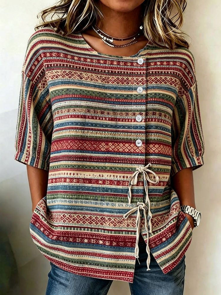 Damenbluse mit geometrischem S – Tie Front Shirt Bewertung und Preis