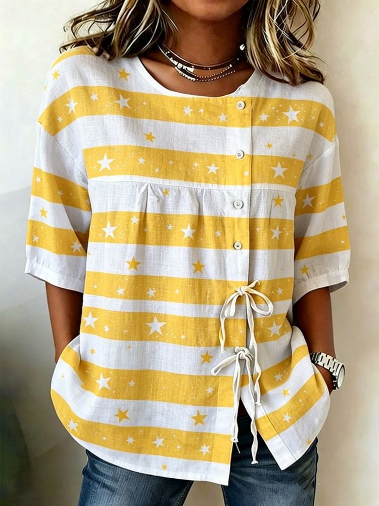 Damenbluse mit geometrischem S – Tie Front Shirt Bewertung und Preis